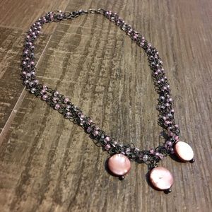 3-strand pink and gunmetal adjustable necklace